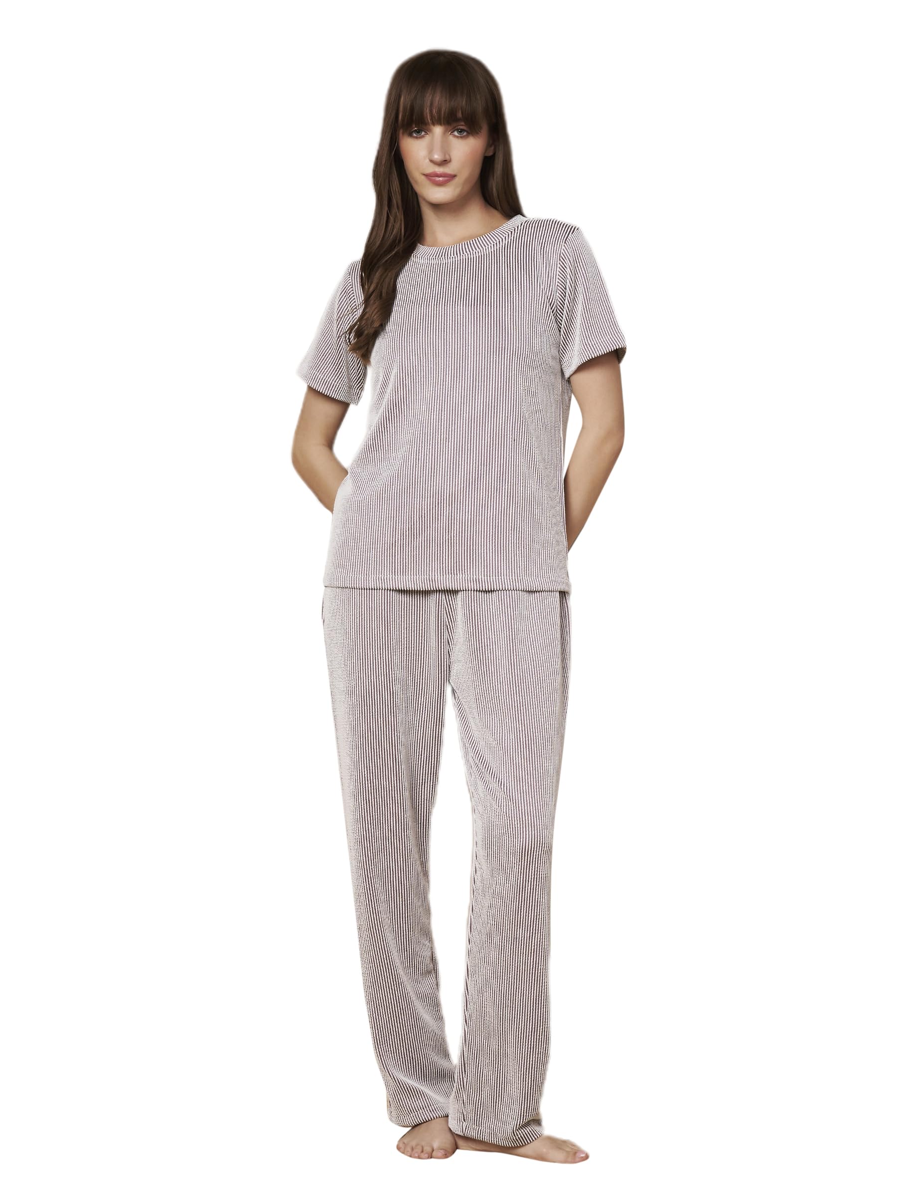 fbella Women’s Striped Knit Night Suit – Mauve & White Textured Loungewear Set-picture-17