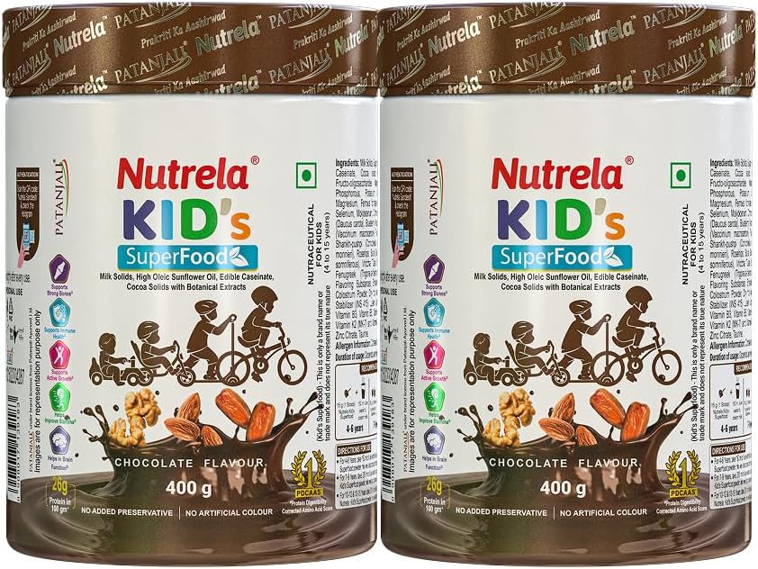 Nutrela Kids Super Food - Balanced nutrition drink supplement Powder for active growth - 4-15 yrs - 400gm (Chocolate Flavour, Pack of 2)