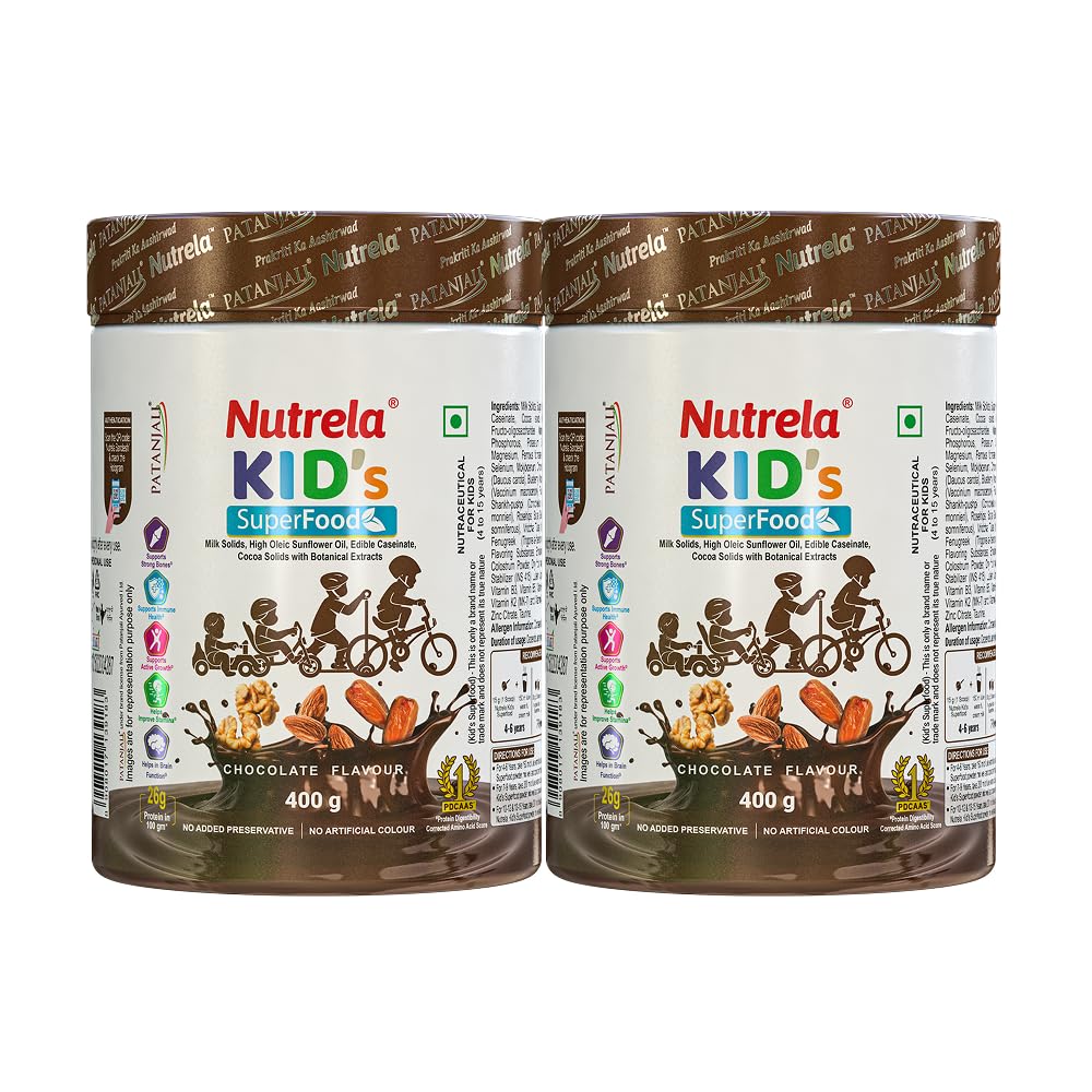 Nutrela Kids Super Food - Balanced nutrition drink supplement Powder for active growth - 4-15 yrs - 400gm (Chocolate Flavour, Pack of 2)-picture-19