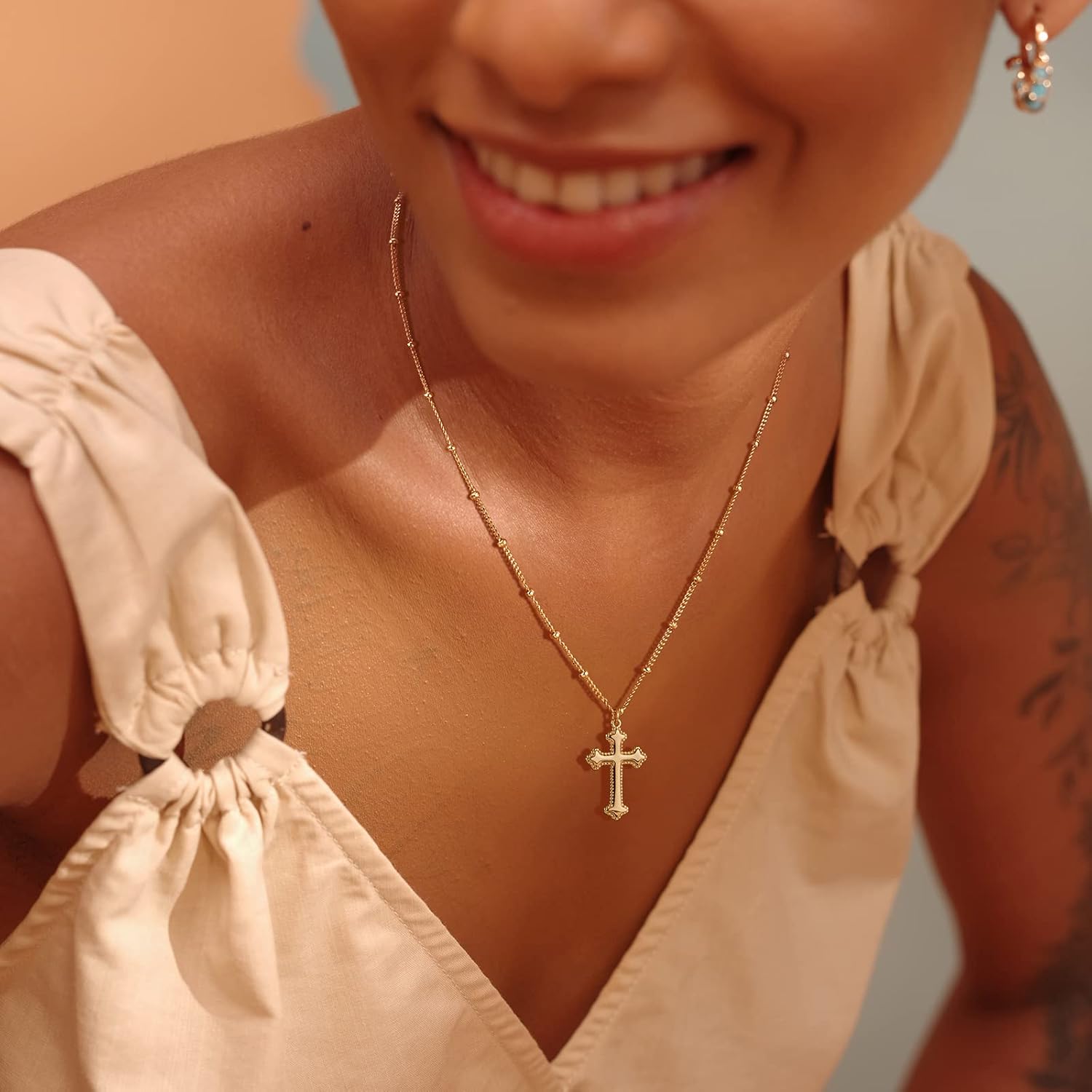 Fettero Cross Necklace Faith Pendant 14K Plated Dainty Chain Minimalist Simple Tiny God Lords Prayer Religious Jewelry - Image 2