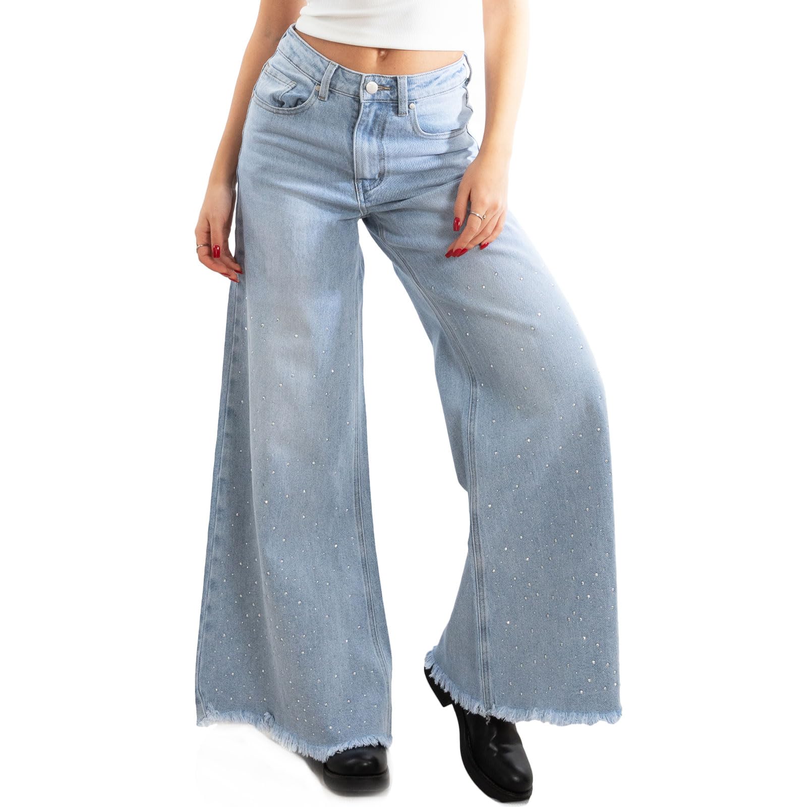 Toocool Jeans Donna Pantaloni Denim Campana Zampa Flare Strass Larghi FX1243