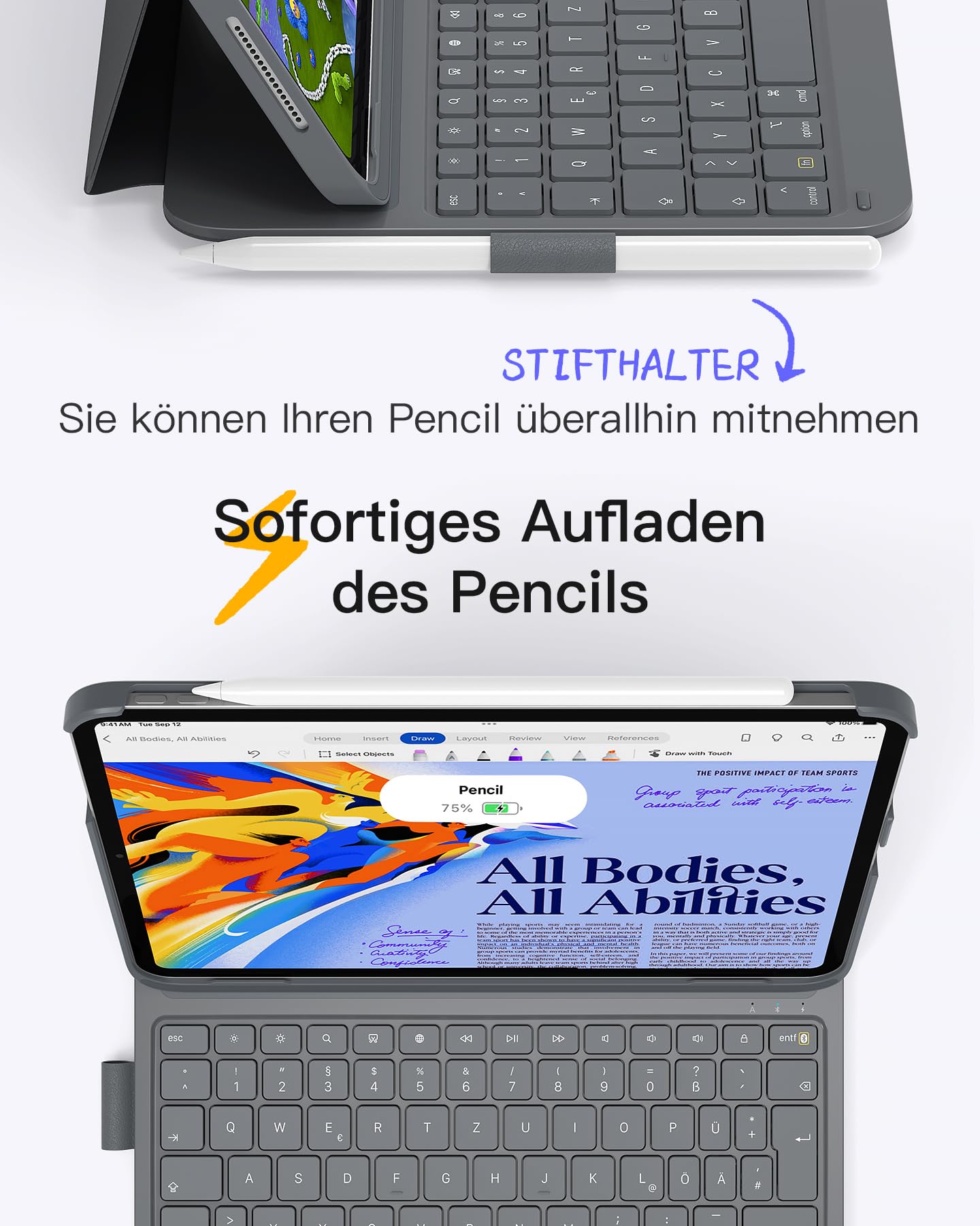 Inateck iPad 11(A16) Hülle mit Tastatur, iPad 10 Gen. Hülle mit Tastatur, für iPad Air 11" M4/ M3/M2 (2026/2025/2024),Air 5/4, Pro 11,QWERTZ,Ultraleichte Tastatur mit Stifthalter,AirTap BK2007
