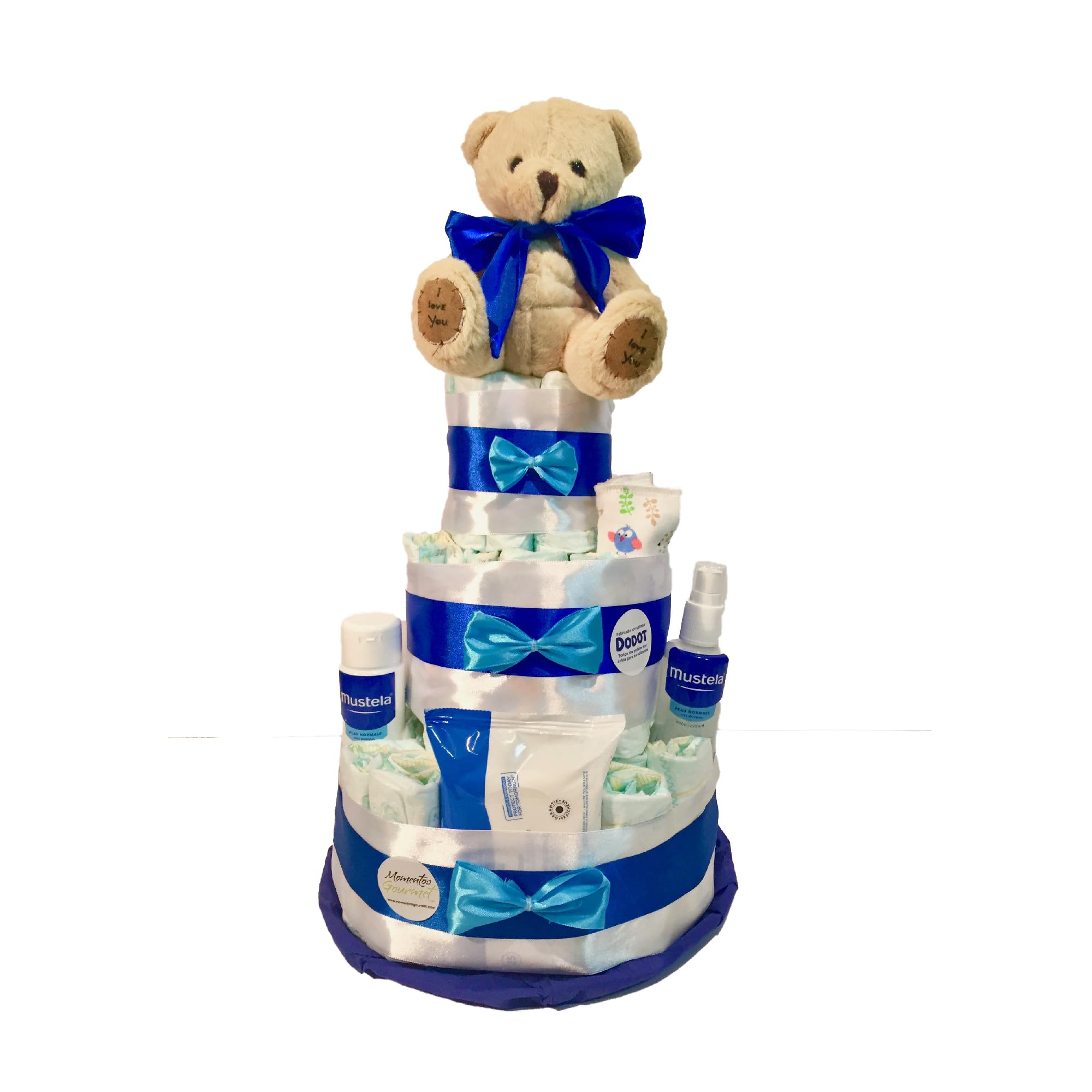 Tarta de pañales Mustela azul .Añade tu dedicatoria personalizada. Regalo para bebé muy práctico. Cesta Canastilla recién nacido.Diaper Cake (Talla única)