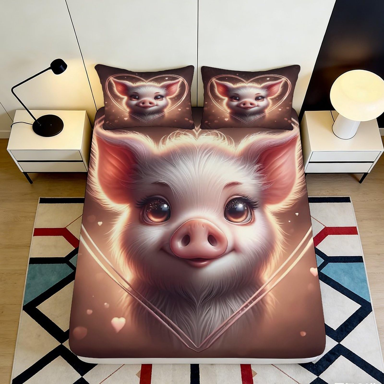 3D Printed Cute Piggy Fitted Sheet Microfiber Soft Animal Heart Bed Cover for Bedroom Guest Room Decor 90x200x25cm