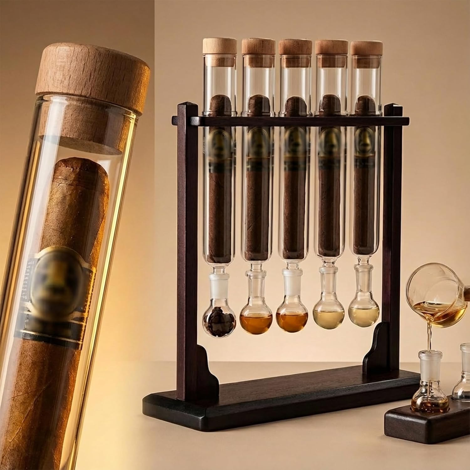 Amacthysh Glass Cigar Humidifier Tube Set, 5 Reusable Borosilicate Glass Cigar Storage Tubes with Sealed Lids and Wooden Base, Gift for Men Cigar Lovers