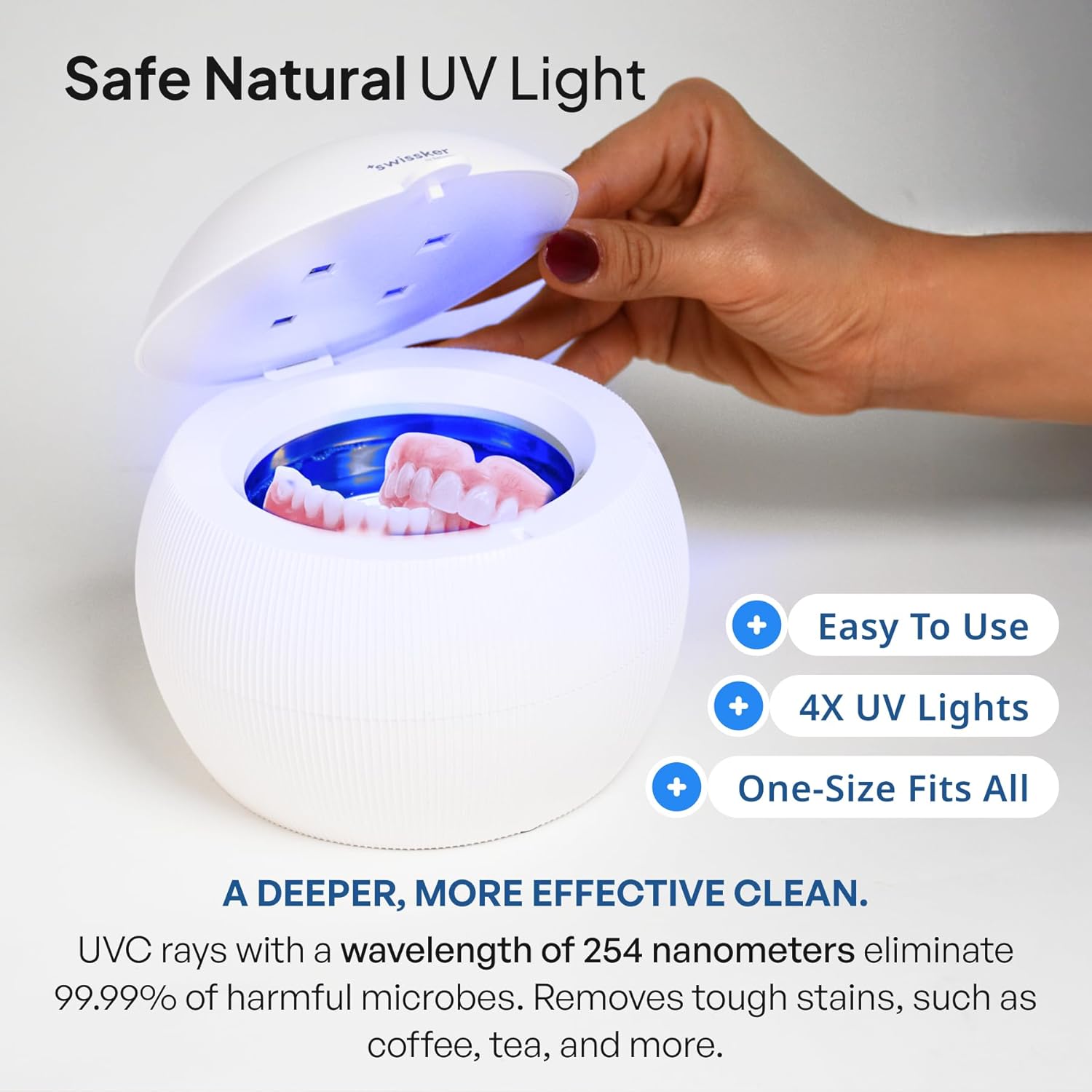 Swissker by Swissklip ShinePod Ultrasonic Retainer Cleaner Machine – Dental Pod Ultrasonic Cleaner for Dentures, Aligners, Mouth Guards, Invisalign Cleaning – UV Sterilization – White