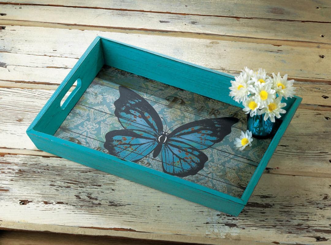 Weathered Blue Butterfly Print Decorative Serving Tray