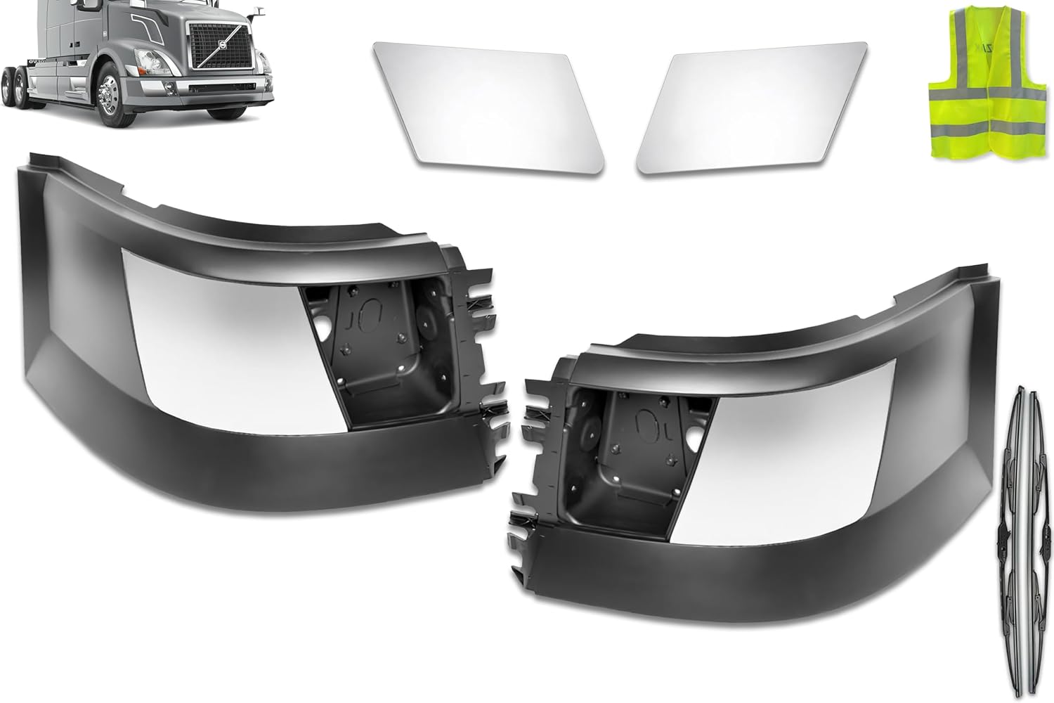 KOZAK Bumper Extension Corners Set w/Chrome Trims Set, w/Fog Light Hole, (Left Driver & Right Passenger Side) Compatible with Volvo VNL 2004-2015 Includes Logo, 2x 22" Windshield Wipers, Vest