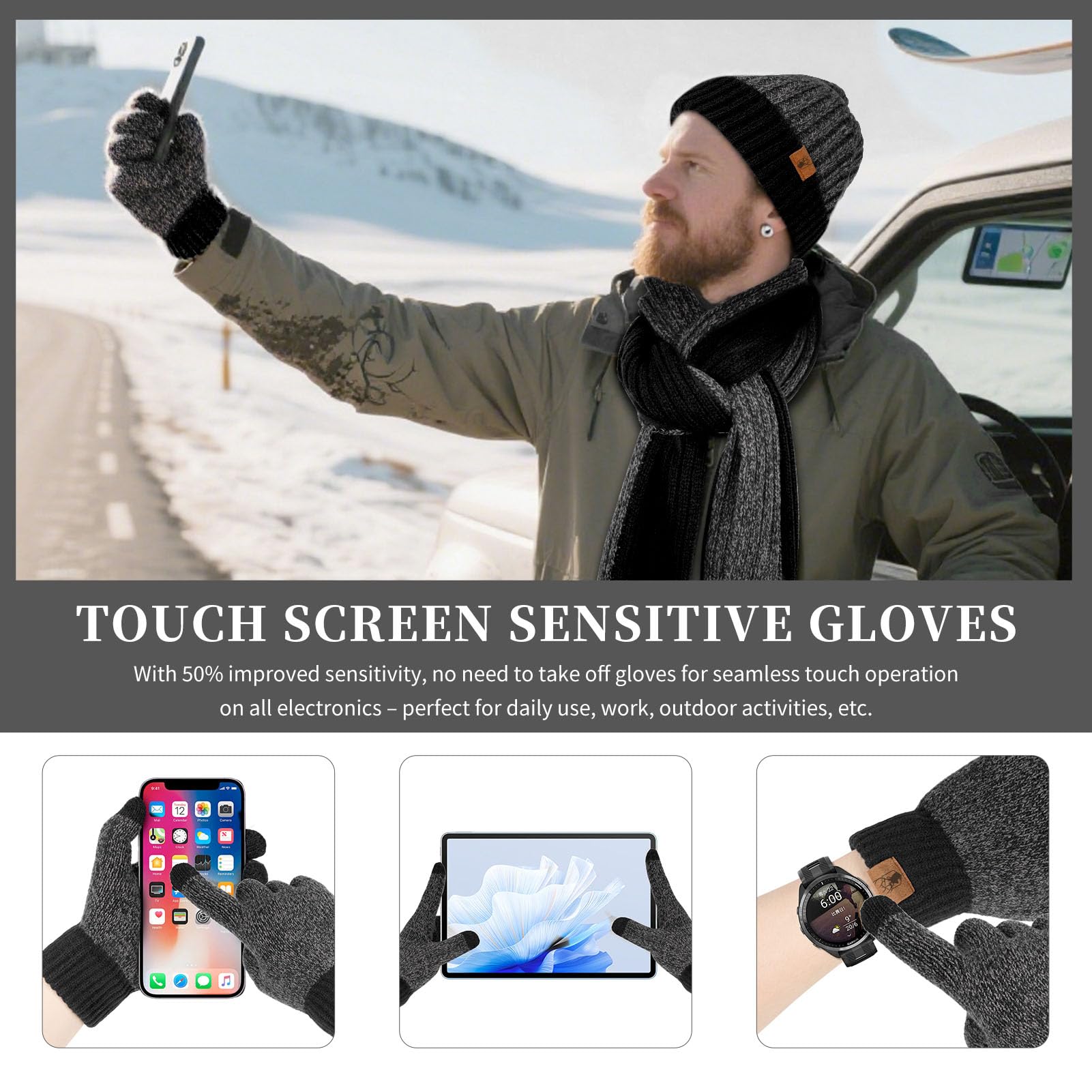Mütze Schal und Touchscreen Handschuhe Set Wintermütze Thermohandschuhe Schal für Herren Strickmütze 3 STÜCKE Unisex Hüte für Damen Winter Accessoires für Herren Damen