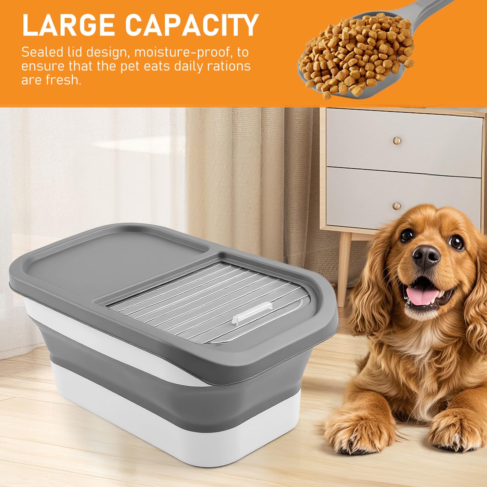 Hundefutter Aufbewahrung,7kg Faltbarer Futterbehälter für Haustiere mit Deckel,2 Vorratsbehälter,1 Messbecher,1 Löffel,Dog Food Container,Futterbox Hund Hundefutterbox für Haustiere Katzen (grau)