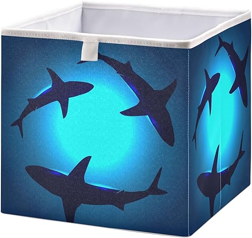 Emelivor Cubo de almacenamiento de tela de tiburón azul océano, cubos de almacenamiento plegables plegables para estantes, armario, sala de estar,