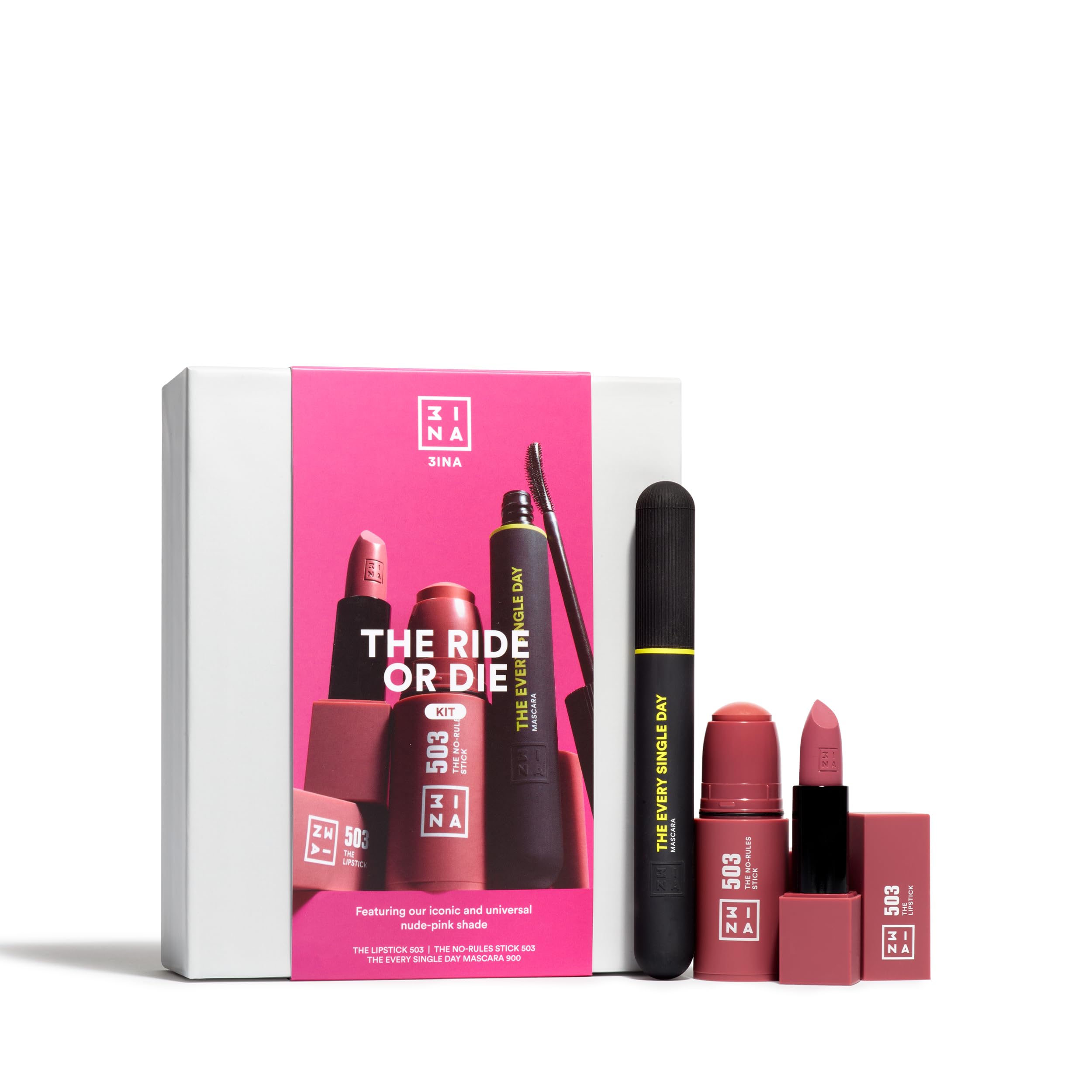 3INA MAKEUP - The Ride or Die Kit - Makeup Gift Set - 3ina Iconics - Nude Lipstick + Nude Blush Stick + Black Mascara -