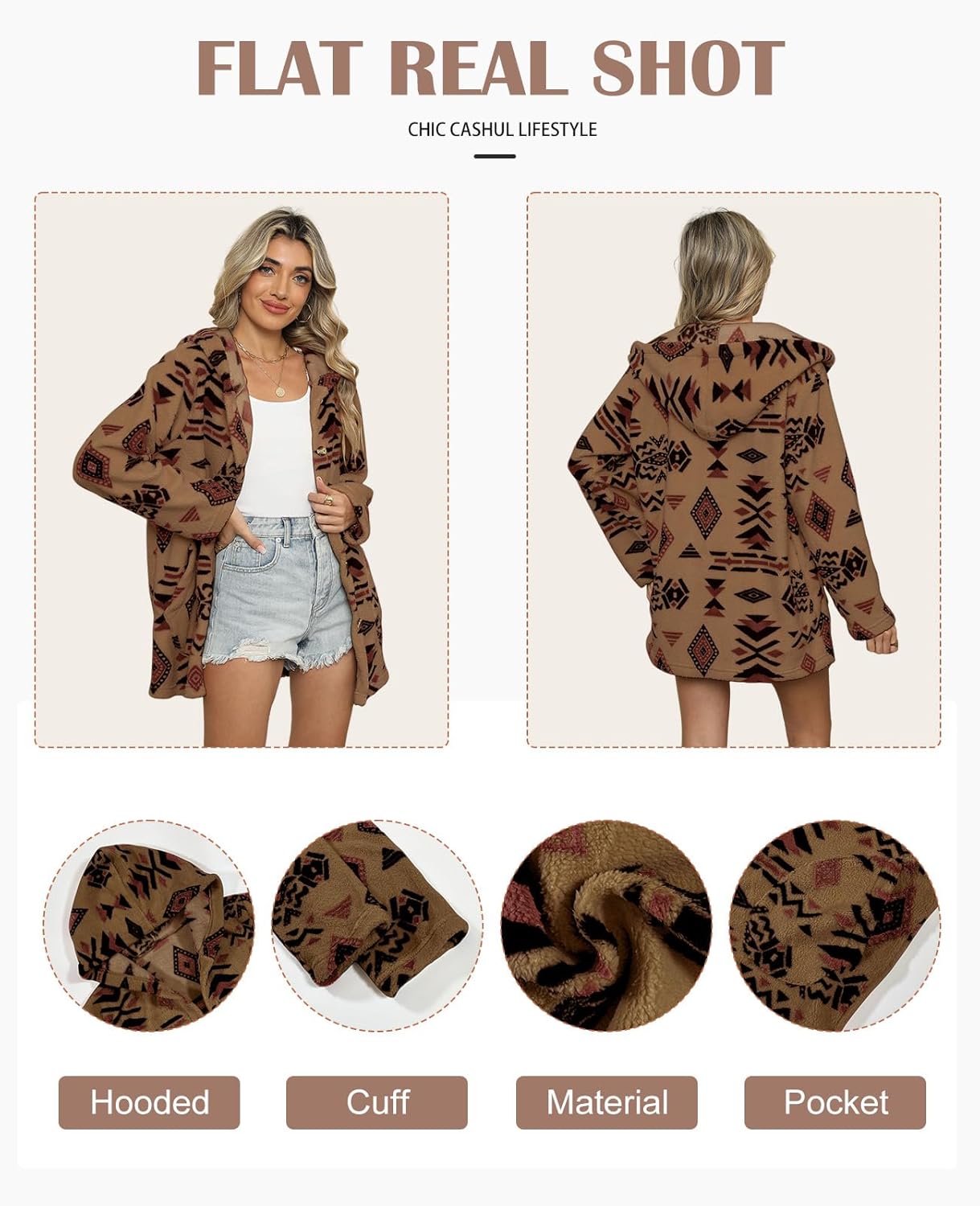 SELINK Womens Aztec Print Fleece Hoodie Jacket Button Down Shacket Casual Sherpa Coats Warm Outwear with Pockets - Image 5