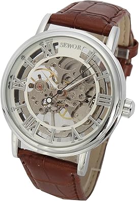 SEWOR Mens Mechanical Skeleton Transparent Vintage Style Leather Wrist Watch