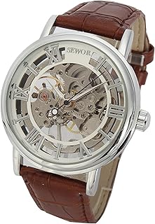 SEWOR Men's Mechanical Skeleton Transparent Vintage Style Leather Wrist Watch