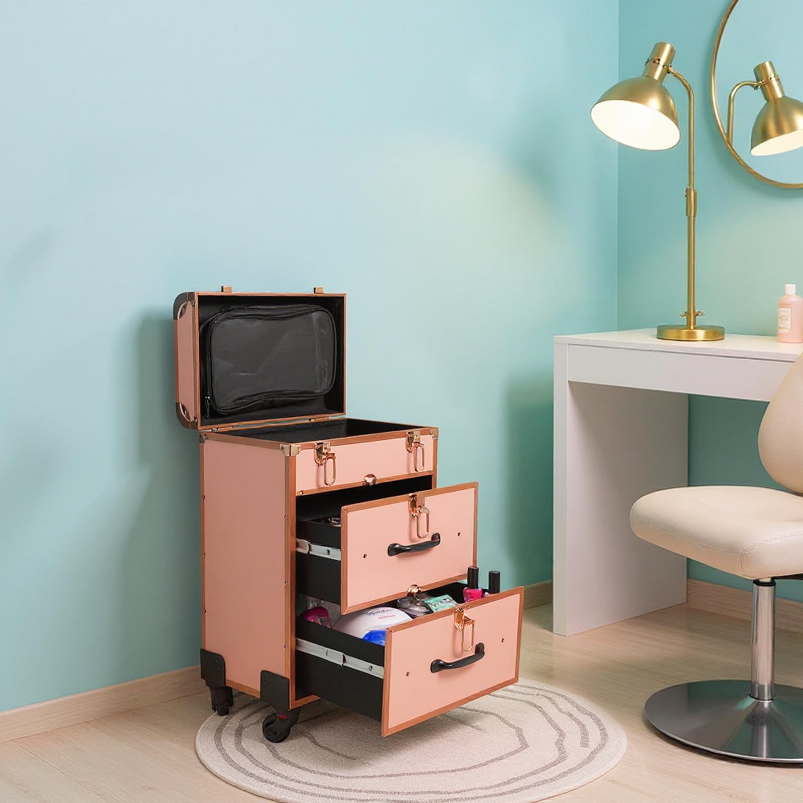 Kosmetikkoffer Trolley, Kosmetikkoffer Trolley mit Schublade, Professionell Trolley Schminkkoffer Nagelkkoffer, Make Up Koffer für Reise Kosmetikerin Friseurerin (Gold)