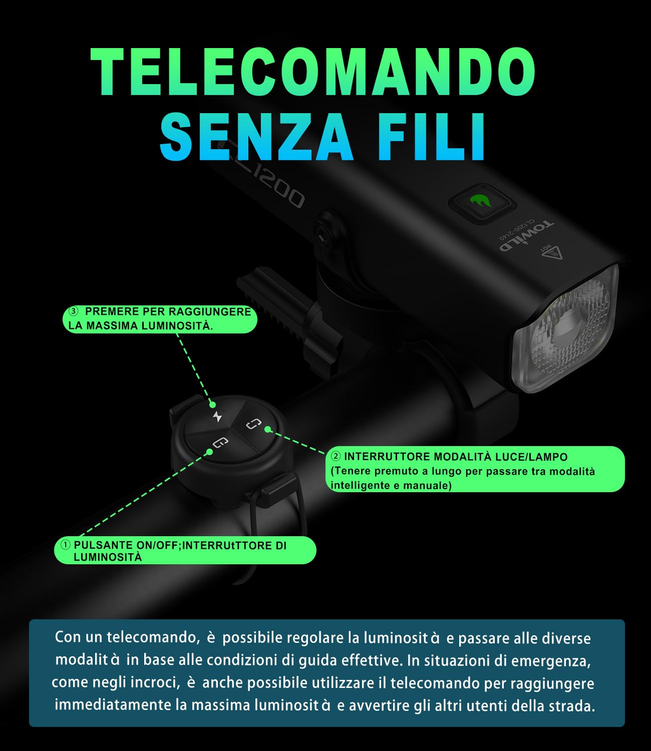 towild Ciclismo Luci Bici Luce Anteriore della Bicicletta, Bici fari 1200 Lumen 4000mAh Ricaricabile Installazione inversa Type-C IPX-6 Impermeabile 5 modalità Luci Bicicletta LED Ciclo Faro