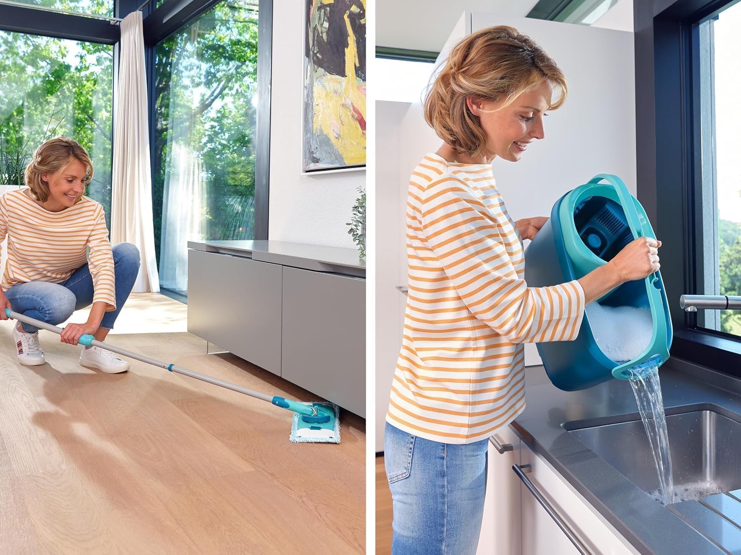 Leifheit Set CLEAN Twist M Flachwischer Ergo 2.0 mit Rollen, Bodenwischer mit Supersoft Bezug für nebelfeuchte Reinigung auf Parkett, Laminat und Echtholz, Mop mit Schleudertechnologie