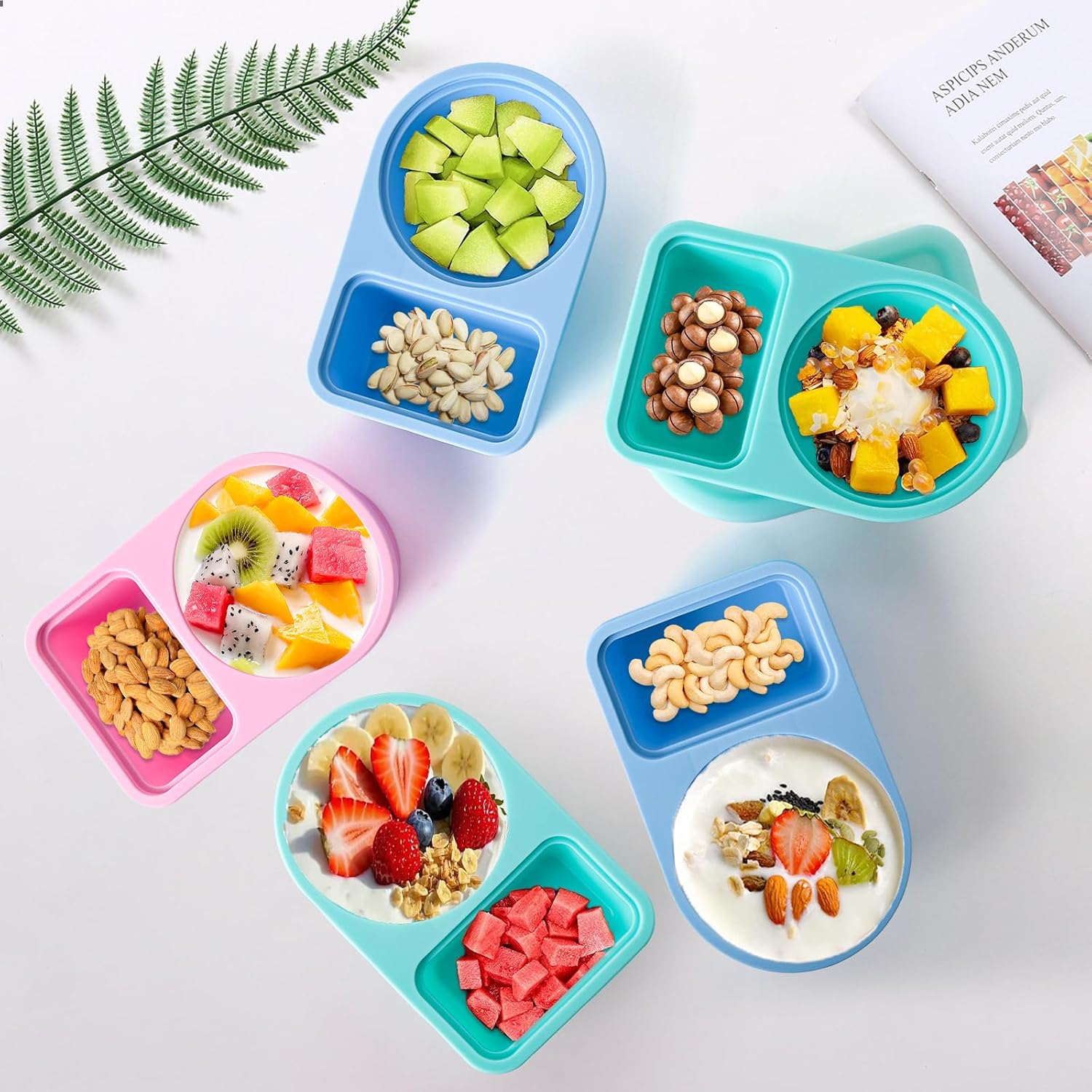 3 Pack Reusable Silicone Snack Containers with Lids, 8.5 OZ Double Compartment Snackle Box for Kids, Leakproof Small Snack Packs Container for Salad Dressing, School, Office, Travel, Picnic - Image 5