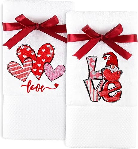 Quera Paquete de 2 toallas de mano para el día de San Valentín, 100% algodón, bordadas, decoración de lujo de primera calidad, juego de platos