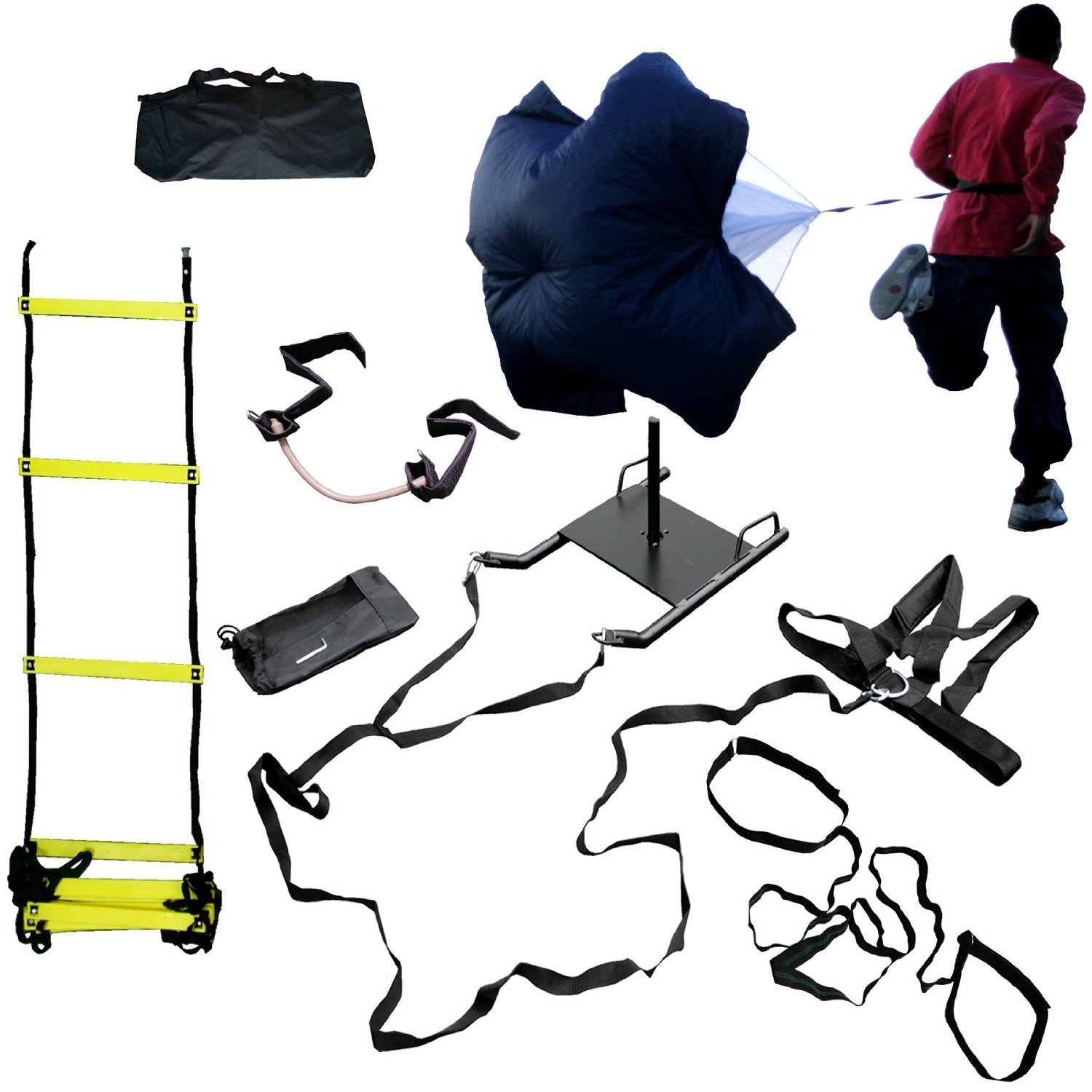 BlueDot Trading Cross Training Bundle KIT (5 PC Set)- 20 FT Agility Ladder, XL Resistance Parachute, Power Sled, Lateral Side Stepper, and Dual Resistance Band for Improving Foot Work and Speed