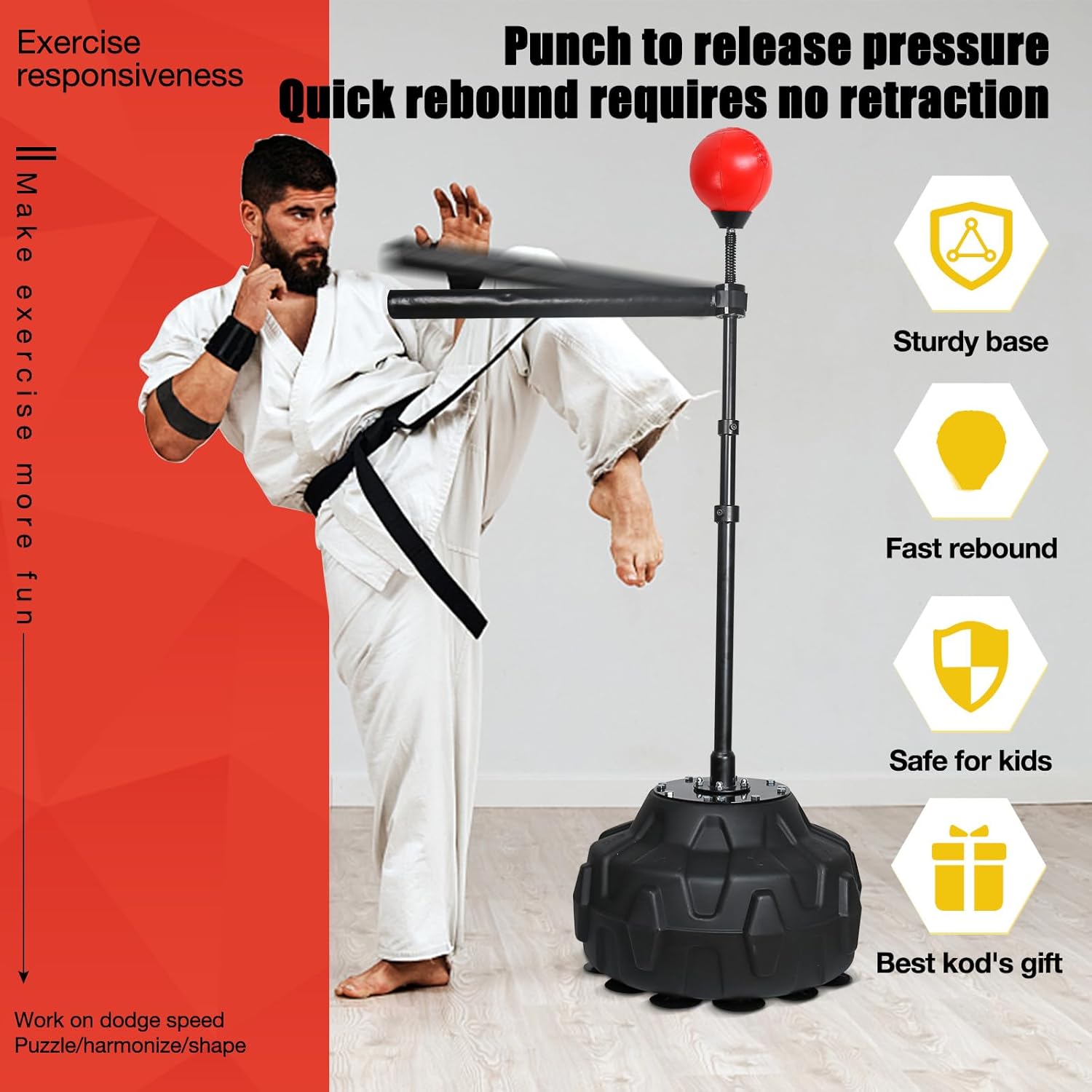 Solid Reflex Bag Boxing Speed 45-80in Trainer Punching Bag Spinning Bar Training Boxing Ball with Reflex Bar Free Standing Adjustable Height for Adult Youth Red - Image 2