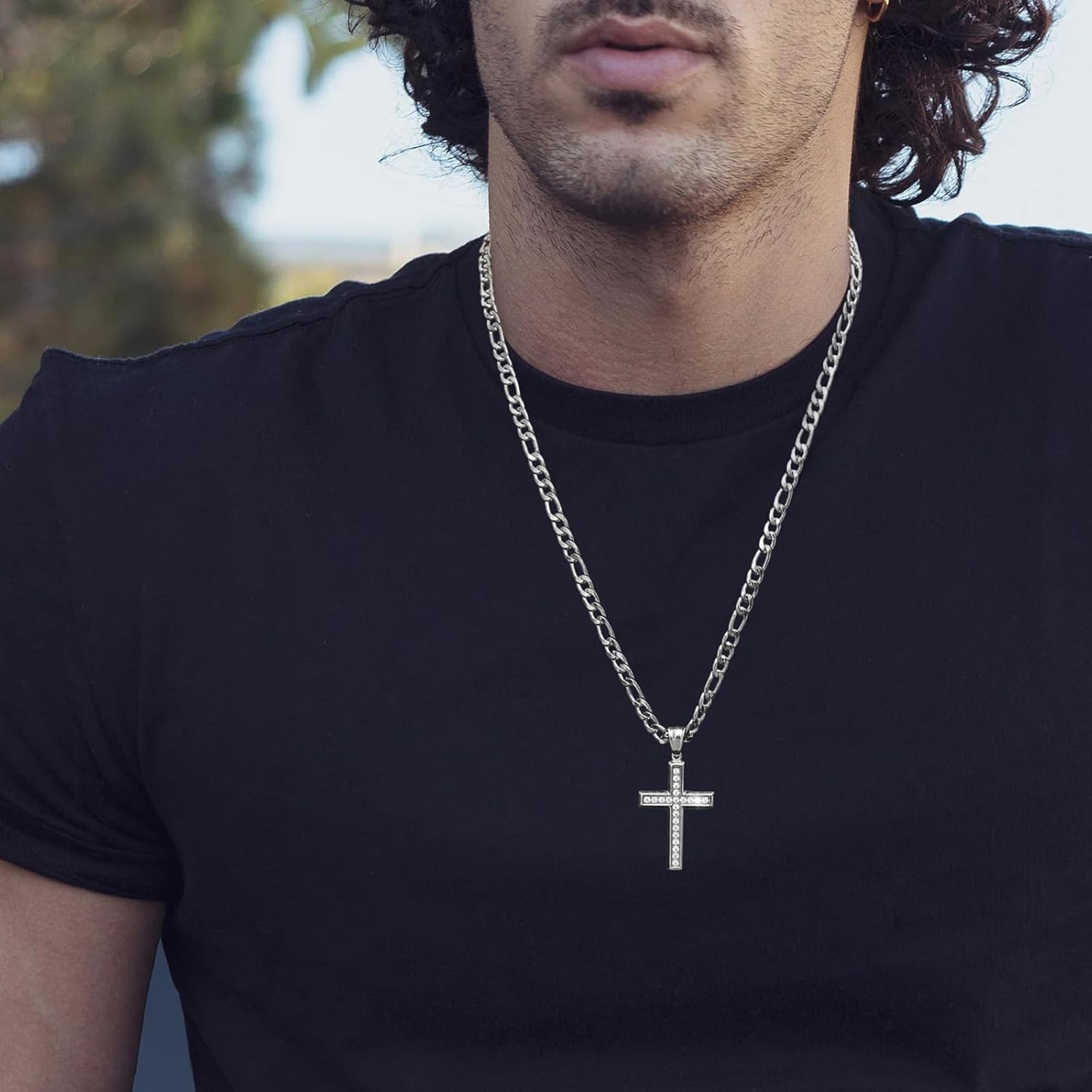 HZMAN 24K Gold-Plated Solid CZ Cross Necklace for Men Women Stainless Steel Religion Jewelry with 24 Inch Figaro Chain - Image 3