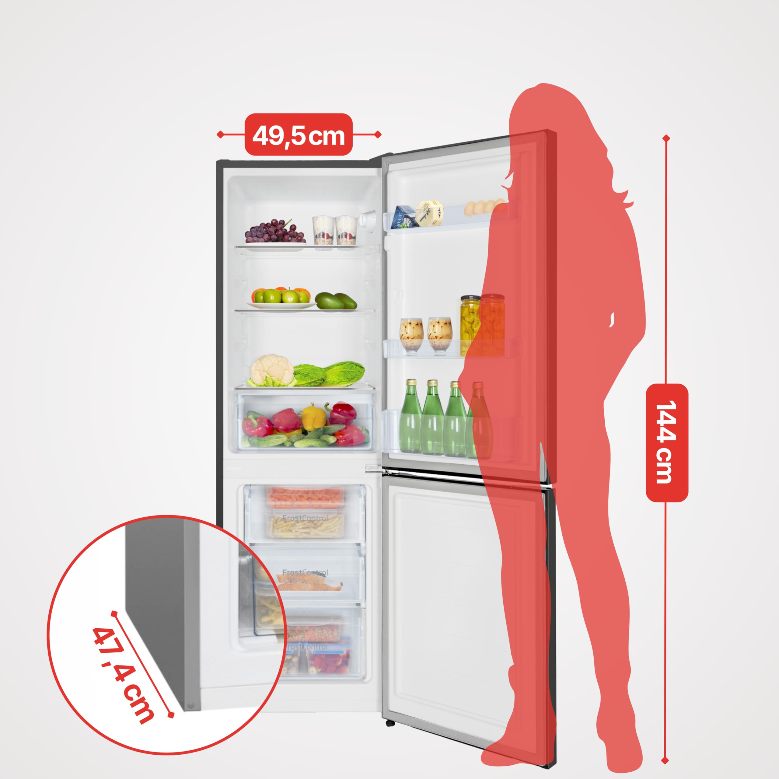Amica Kühl-Gefrierkombination freistehend 157L FrostControl 144x47,4x49,5 cm LED‑Beleuchtung Elektronische Steuerung Kuehlschrank AKG 3846 S - Schwarz Edelstahloptik