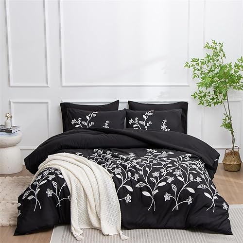 Meeting Story Juego de edredón de flores bordadas con hojas de sauce bordadas, juego de edredón de flores con bordado blanco (negro, tamaño Queen