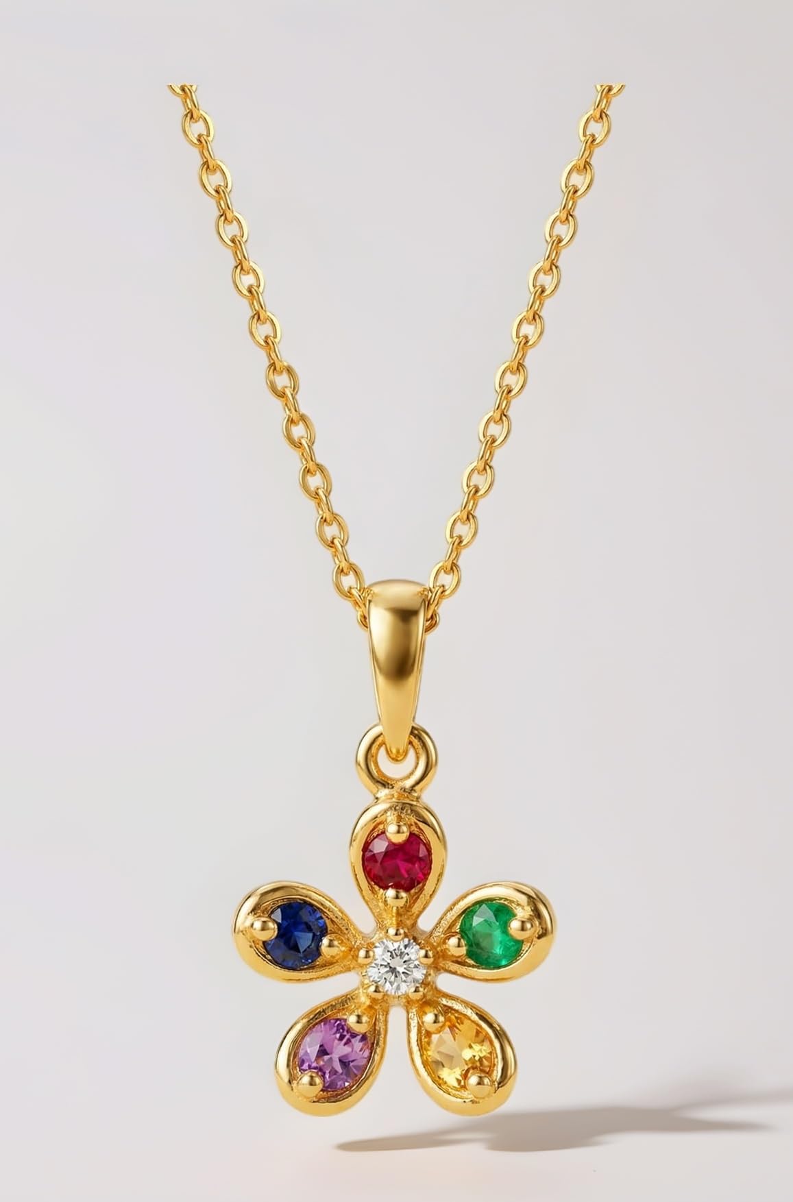Multi Color Gem Flower Bloom Necklace for Women, BIS Hallmarked 925 Sterling Silver, 24K Gold Plated Rainbow Floral Motif Pendant with CZ Petals, Adjustable 19” Chain | Elegant Floral Necklace | Mother’s Day Gift for Mom