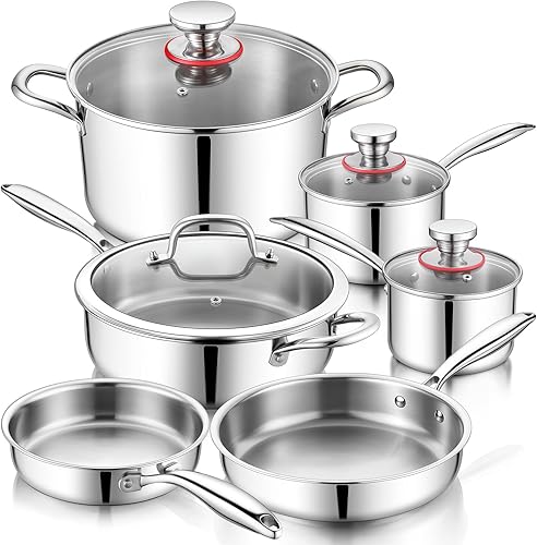 P&P CHEF Juego de ollas y sartenes de acero inoxidable de 3 capas, 10 piezas de utensilios de cocina de acero inoxidable para cocina, juego de