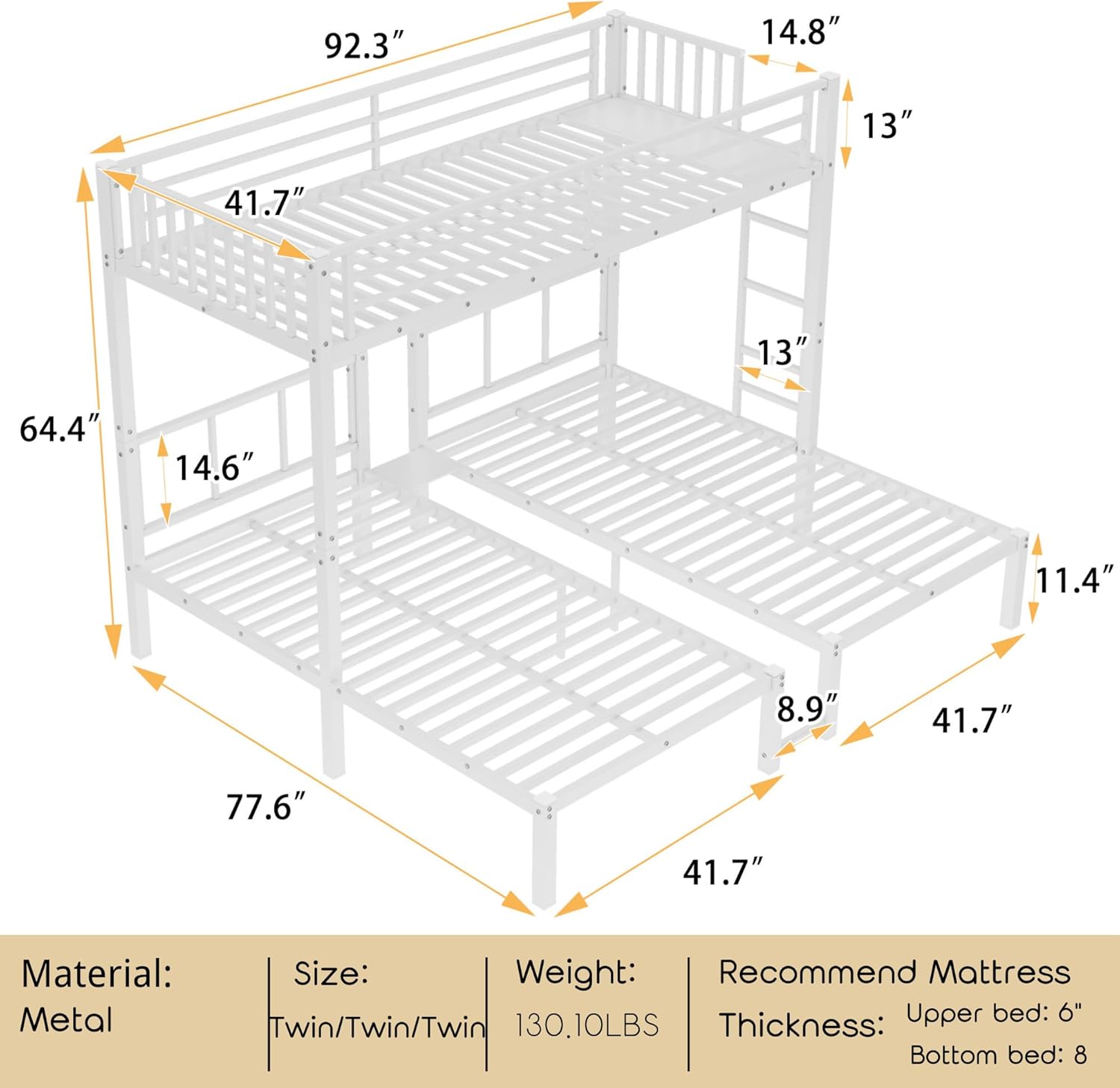 Detailed dimensions of the triple bunk bed, showing length, width, and height for each section.
