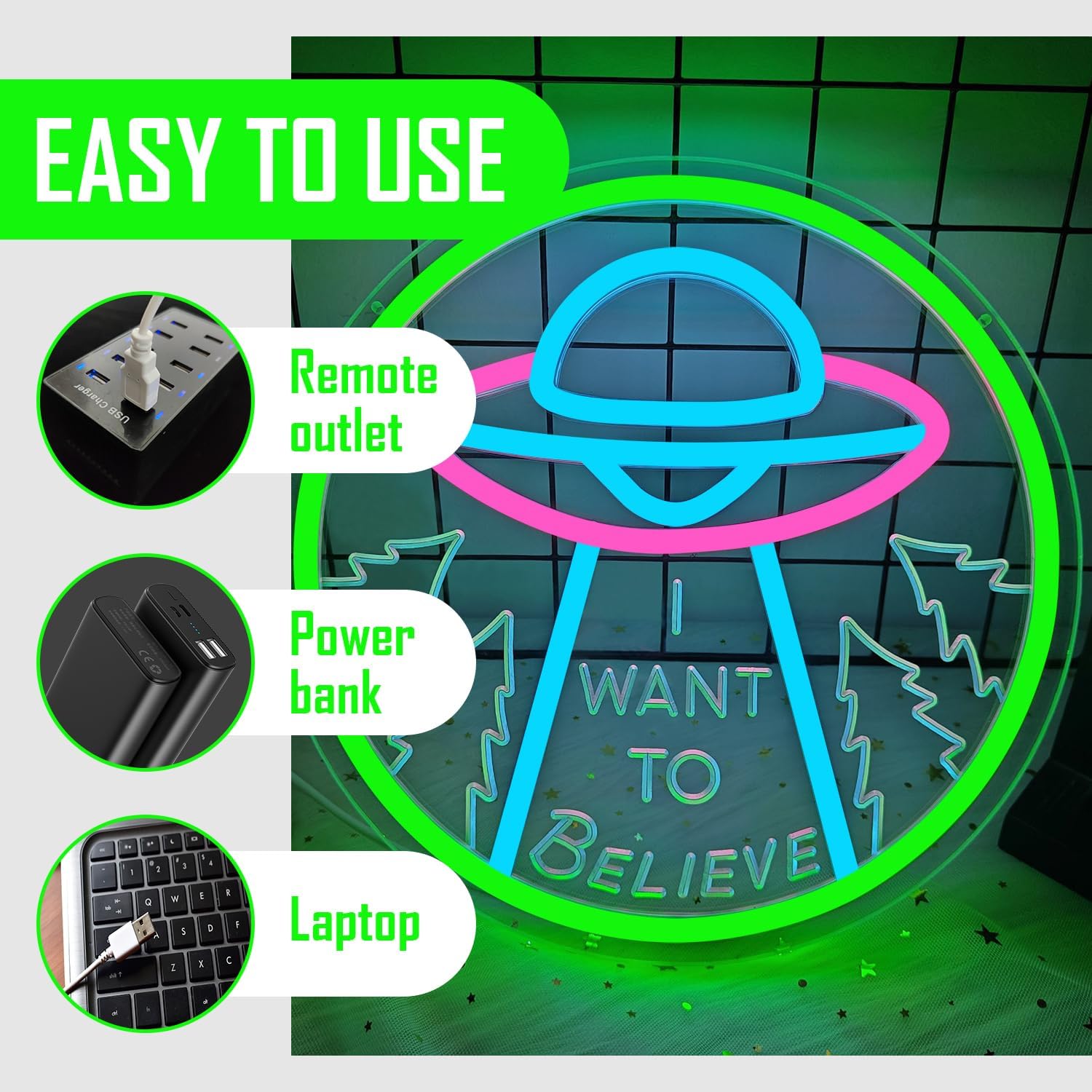 I Want To Believe Neon Sign Alien Led Neon Sign for Wall Decor UFO Neon Light Sign Spaceship Neon Light Sign for Office Man Cave Movie Fans Living Room Bar Pub Game Room Classroom Party - Image 3