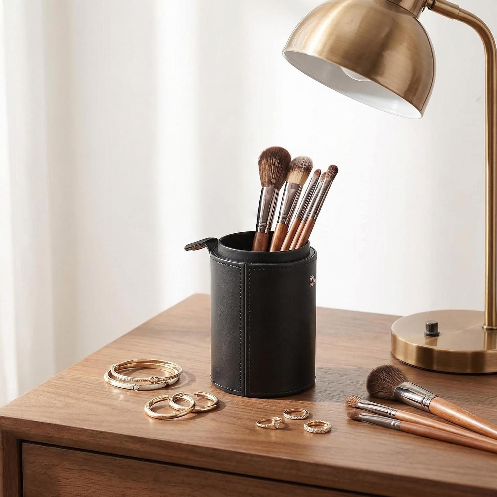 Porte-pinceaux de Maquillage Vide en Cuir synthétique avec Couvercle Noir Étui de Rangement pour pinceaux de Maquillage en Cuir synthétique