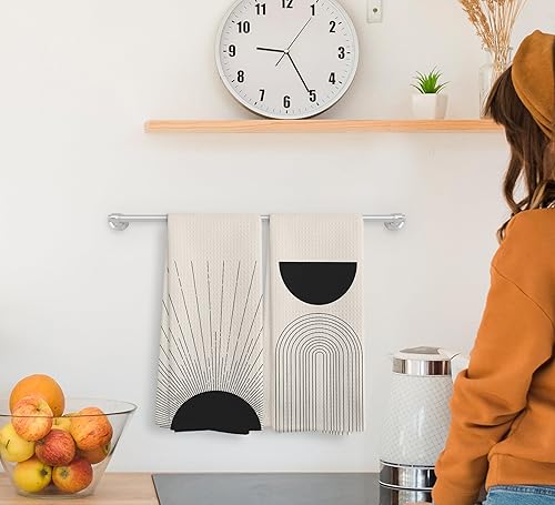 Miniatura 3 de Juego de 2 paños de cocina y paños de cocina con arco geométrico de rayos solares y semicírculos, toallas de mano absorbentes y bohemias, para baño,