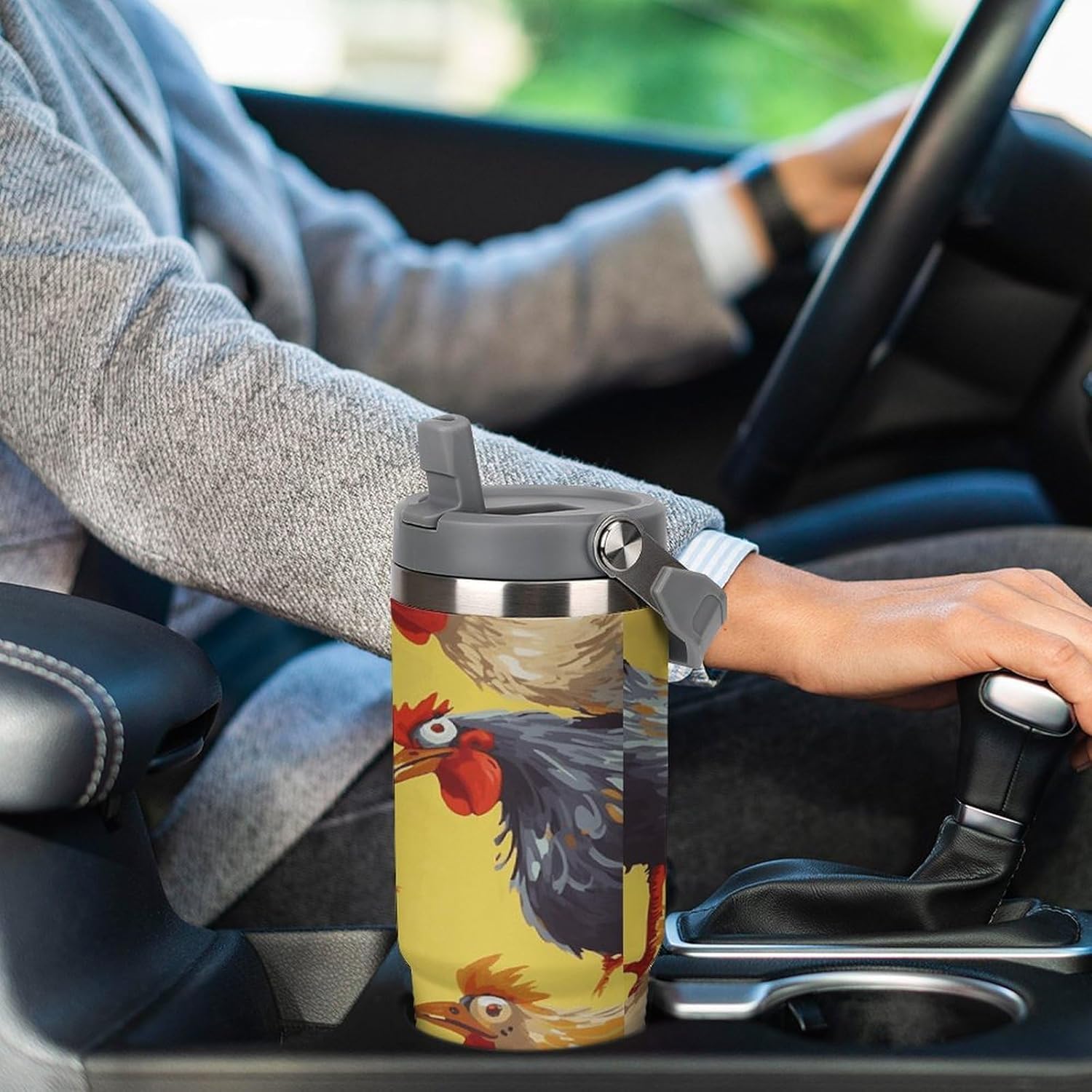 Art Chicken Painting Water Bottle 30 Oz Fits Car Cup Holder,Insulated Coffee Mug Large Capacity Car Cups,Stainless Steel Double Wall Sport Bottle for Travel Sports Gym