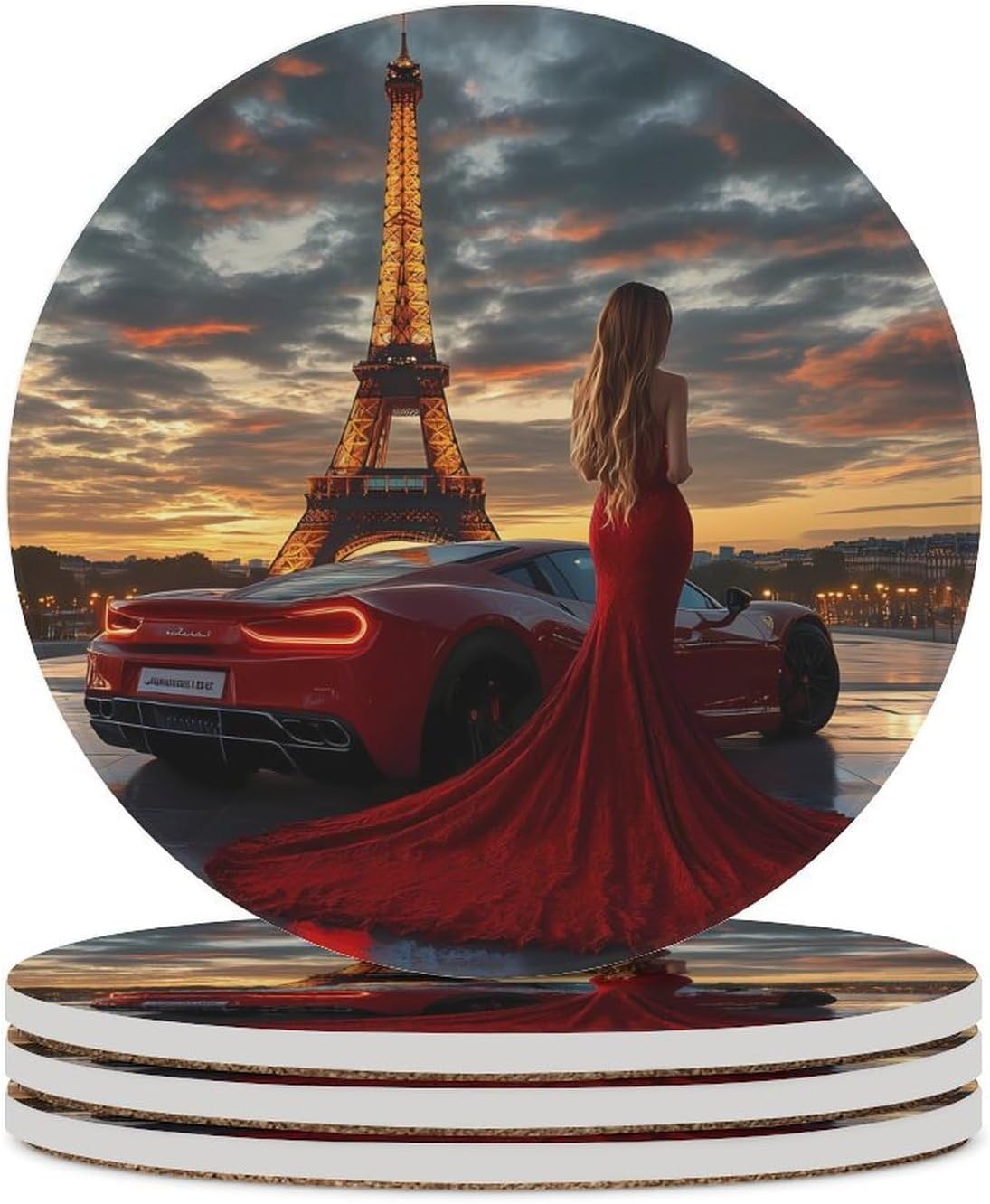 Paris Eiffel Tower Women Coasters for Drink Round Ceramic Coaster with Cork Base Home Decorative 4PCS