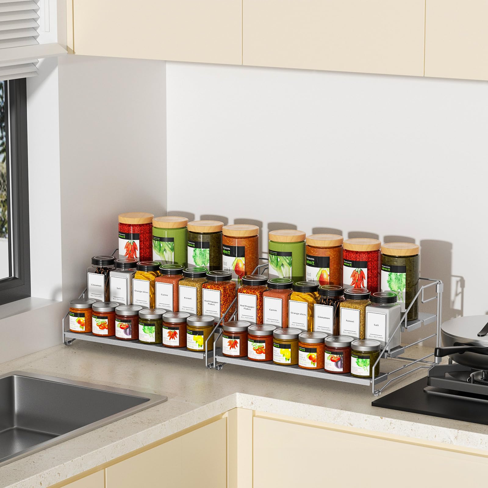 Especiero De 4 Niveles Para El Interior Del Armario, Especieros Para Cocina, Profundidad Ajustable Estante Cocina Para Mostrador, Armario, Despensa Gris (Pack de 2)