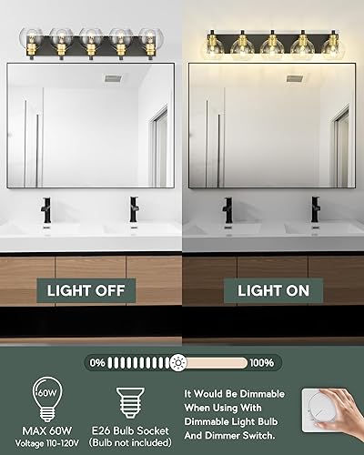 Miniatura 6 de VL195-KG-5 - Lámpara de baño de 5 luces negras y doradas, apliques de pared modernos de 32 pulgadas con pantalla de vidrio transparente de globo,