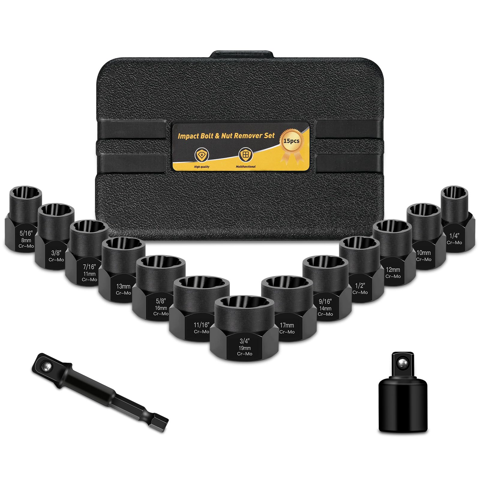 Mr.wintek 13+2 Pcs Impact Bolt & Nut Remover Set, Cr-Mo, 3/8" Drive Stripped Bolt Extractor for Removing Damaged, Frozen, Rusted, Rounded-Off Bolts, with Hex Adapter and 3/8" to 1/2" Impact Reducer