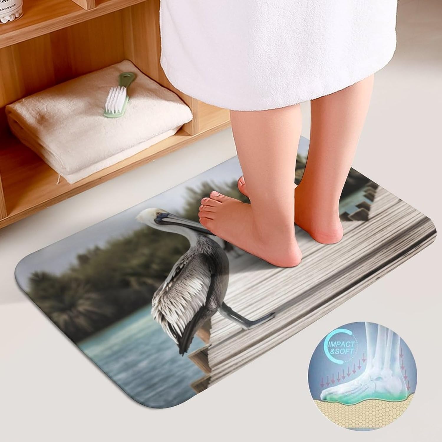 Anti-Skid Floor Mats 3 Piece Set,Pelican On Wood Bridge Printed Coral Fleece Bathroom Mats U-Shaped Contour Mat Toilet Seat Cover for Bathroom, Tub, Shower, Kitchen 19.7"x31.5"