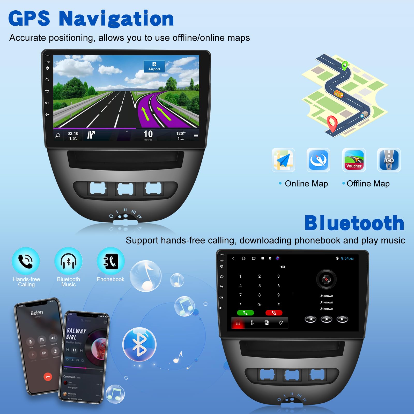 [2G+64G] Android Autoradio per Toyota Aygo/Peugeot 107/Citroen C1 2004-2014 con Senza Fili Carplay e Android Auto, Autoradio Touch Screen HD da 10,1 pollici con GPS/WiFi/Bluetooth/EQ/FM RDS