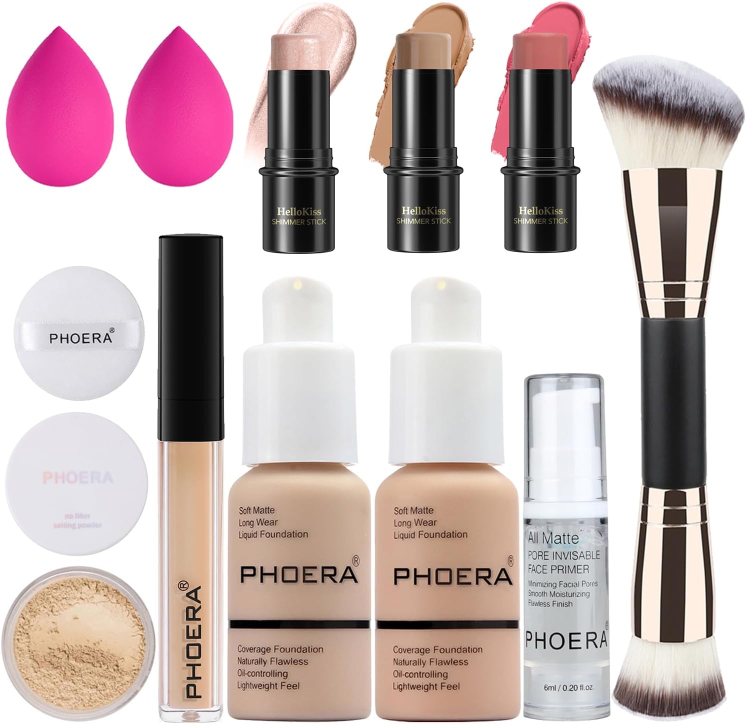 PHOERA Foundation,3 PCS Contour Stick Makeup Kit, Shades with Highlighter Stick, Blush Stick and Bronzer Contour Stick for Sculpt the Cheeks (102+103+ Fair-Light Contour/Nude + Warm peach+#03,#09,#12)