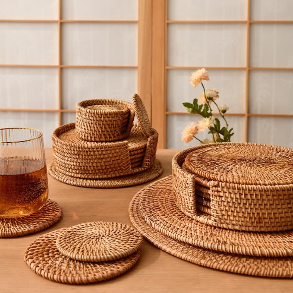 Rattan Untersetzer 2er Set handgefertigt,geflochtene Tischuntersetzer rund für Getränke Tassen Schüsseln Töpfe,hitzebeständig Platzdeckchen Boho Tischdeko für Zuhause Küche Esstisch,Kaffee,35cm