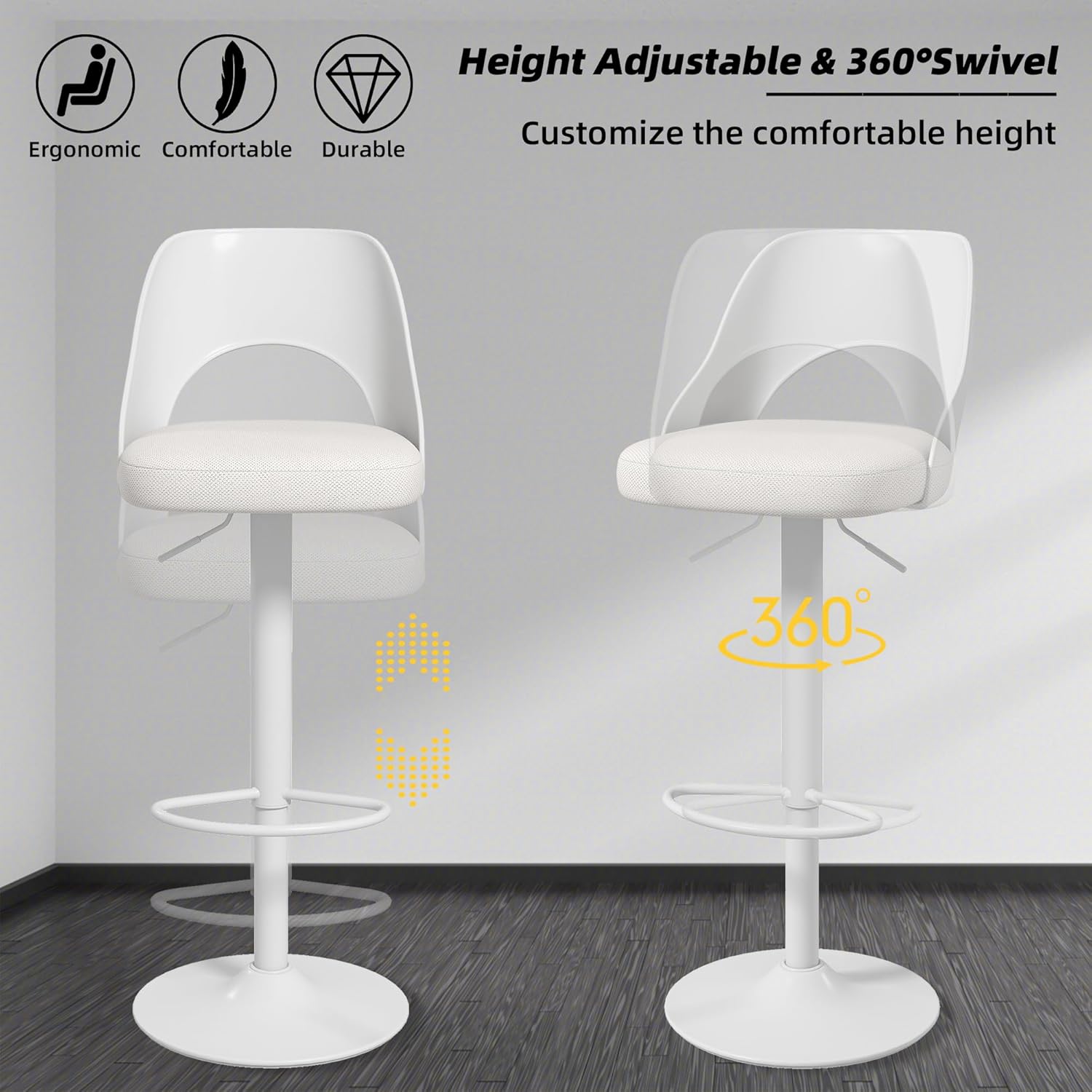 civama Bar Stools Set of 2 for Kitchen Counter, Seat Height Adjustable 25''-33'', Modern Upholstered Swivel Island Chairs with Hollow Backrest Metal Base, White