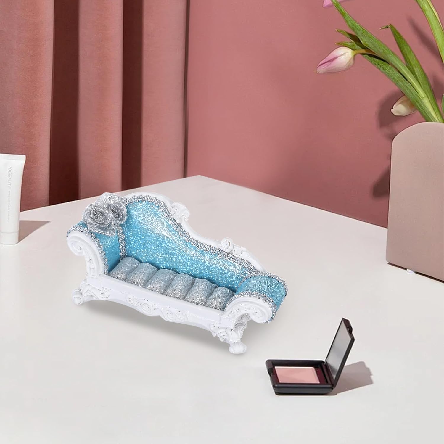 Toyvian Sofa Shape Jewelry Holder with Earring and Ring Display Stand, Colorful Glitter Blue Resin Jewelry Organizer for ’ Dressing Table and Home Decor