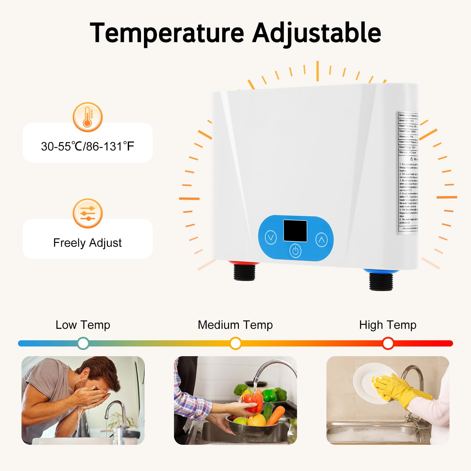 Mini chauffe-eau instantané sans réservoir - Avec panneau d'affichage numérique LED - Chauffe-eau pour cuisines et éviers