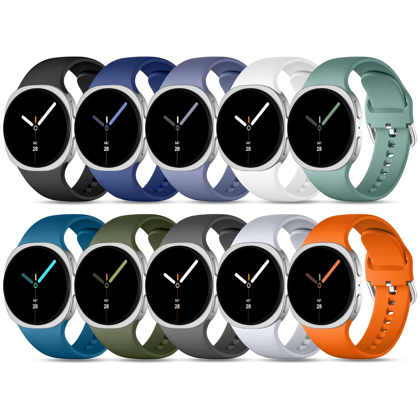 10 Pack Bands for Samsung Galaxy Watch 9/8 40mm 44mm/Watch 8 Classic 46mm | Soft Waterproof Silicone Sport Strap Women Men. Ideal for Casual, Office, Gym, Date, Swim, Workout, Sleep & Outfit Matching Orange/Army Green/Dark Gray