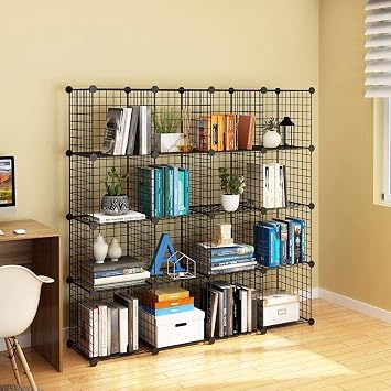 KOUSI 14x14 Wire Cube Storage, Metal Grid Organizer, 16-Cube Modular Shelving Unit, Stackable Bookcase, Ideal for Living Room, Bedroom, Office, Garage