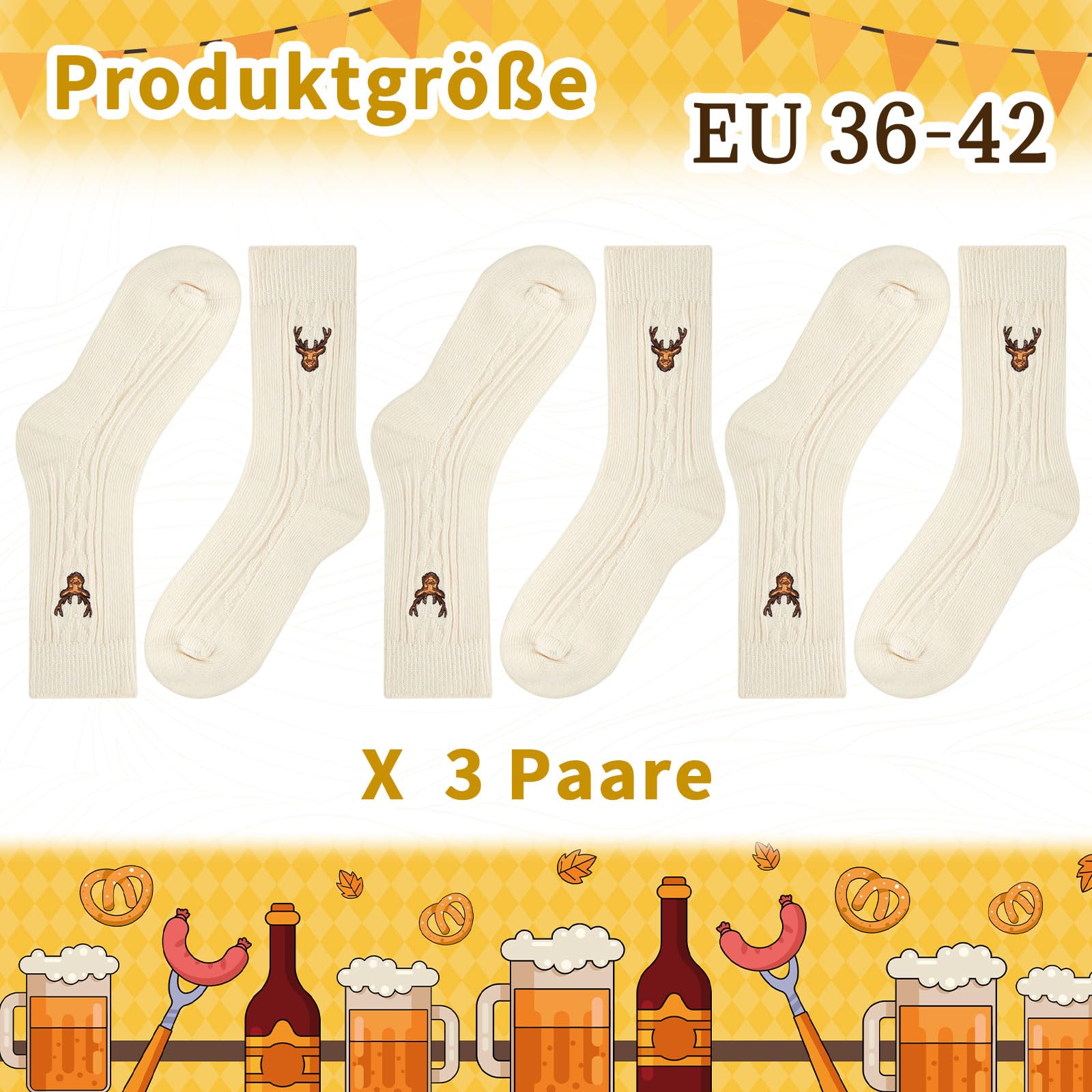 Sintege 3 Paar Kurze Trachtensocken mit Stickerei 36-42, Gestrickte Bayerische Bierfestsocken für Damen und Herren